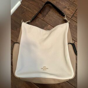 Coach White/Tan Leather Hobo Bag, zippered with small buckles on the side